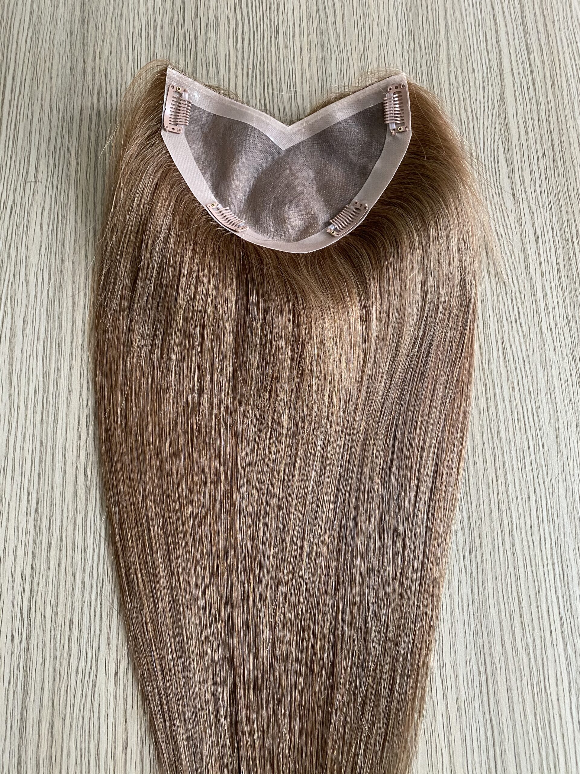 Women's V Part Mono Base Human Hair Toppers With PU Around/Clip On Hair Topper For Women Hair Loss - 图片 3